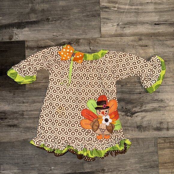 Thanksgiving Dress Girls Size 24M Turkey Appliqué Ruffles Bow Rare Editions - Picture 1 of 4
